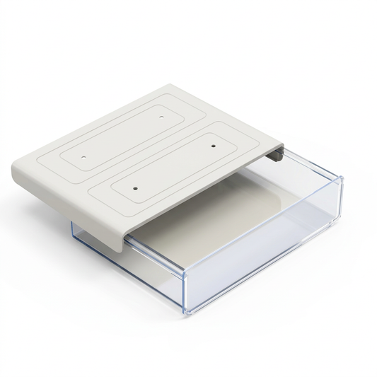 Clear under-desk pull-out drawer with light-colored top on a white background