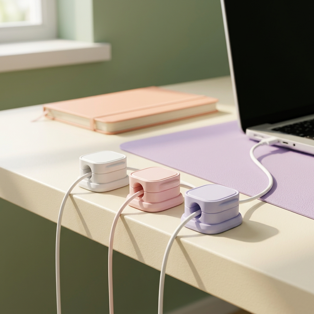 Representative cable clips beside a laptop in a sunlit home office