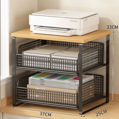 Desktop printer storage rack with a light wood-look top, dark frame and two wire baskets; pictured dimensions 37 cm wide, 25 cm deep and 33 cm high. Printer and papers shown for styling.
