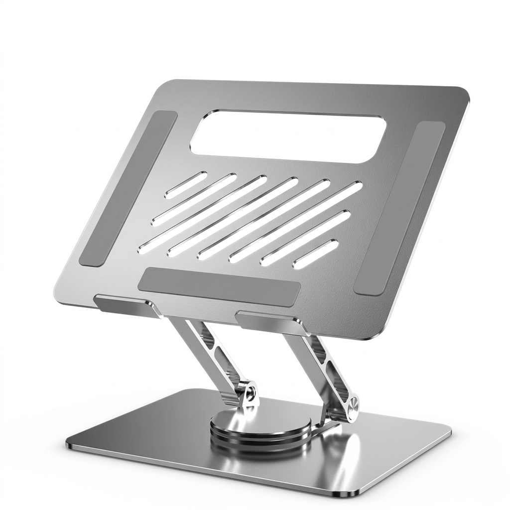 Silver laptop stand with diagonal platform slots gray pads dual arms and rectangular base on white