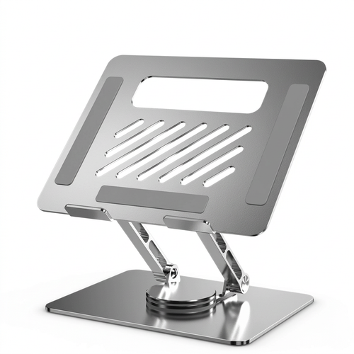 Silver laptop stand with diagonal platform slots gray pads dual arms and rectangular base on white