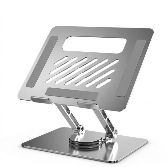 Silver laptop stand with diagonal platform slots gray pads dual arms and rectangular base on white