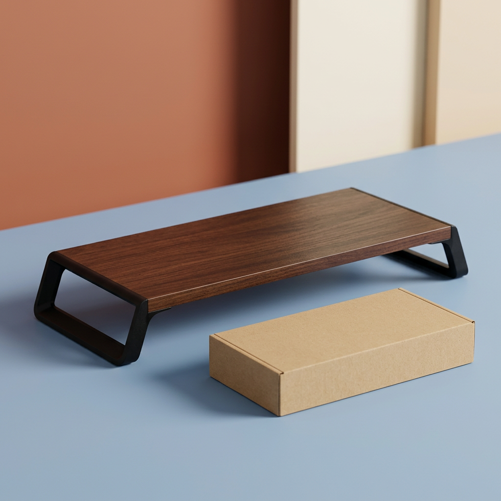 Monitor riser with plain unbranded kraft packaging concept