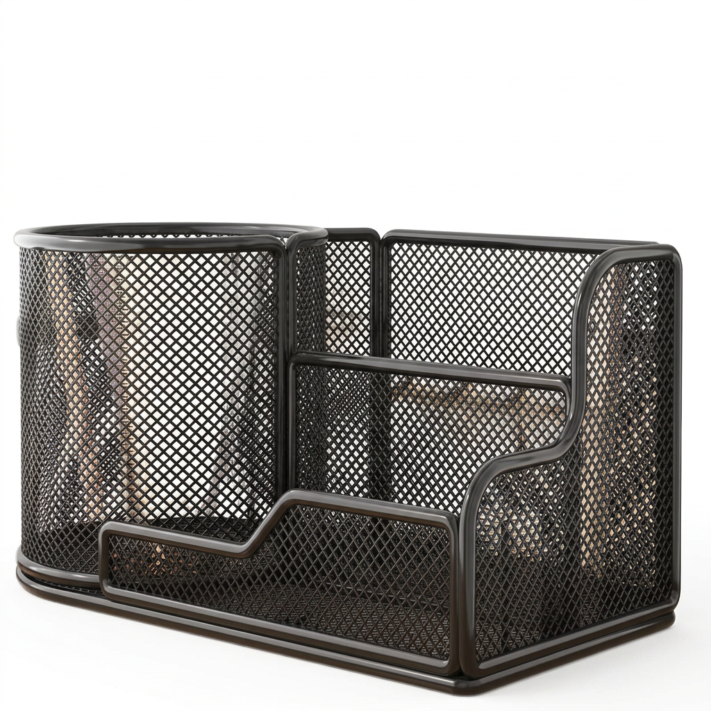 Empty black mesh desktop pen organizer on a pure white background