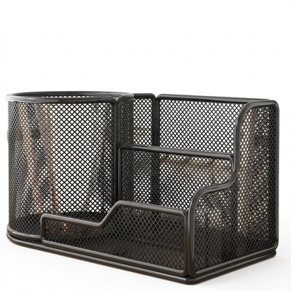 Empty black mesh desktop pen organizer on a pure white background