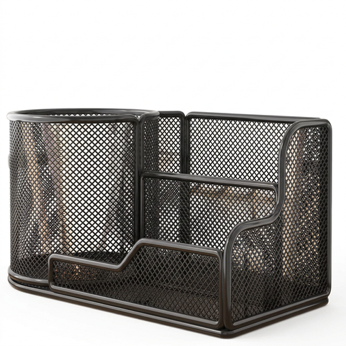 Empty black mesh desktop pen organizer on a pure white background