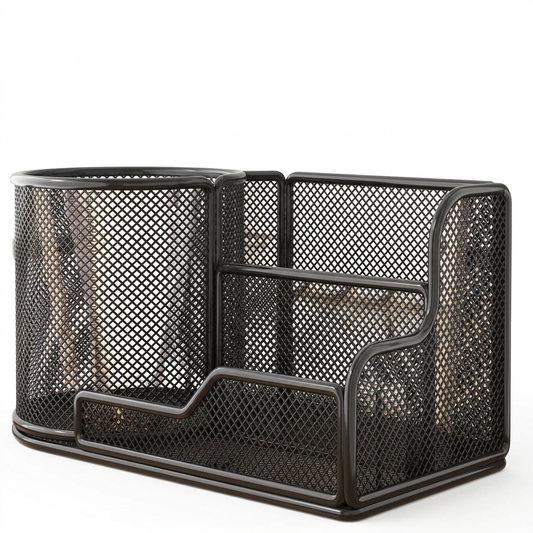 Empty black mesh desktop pen organizer on a pure white background