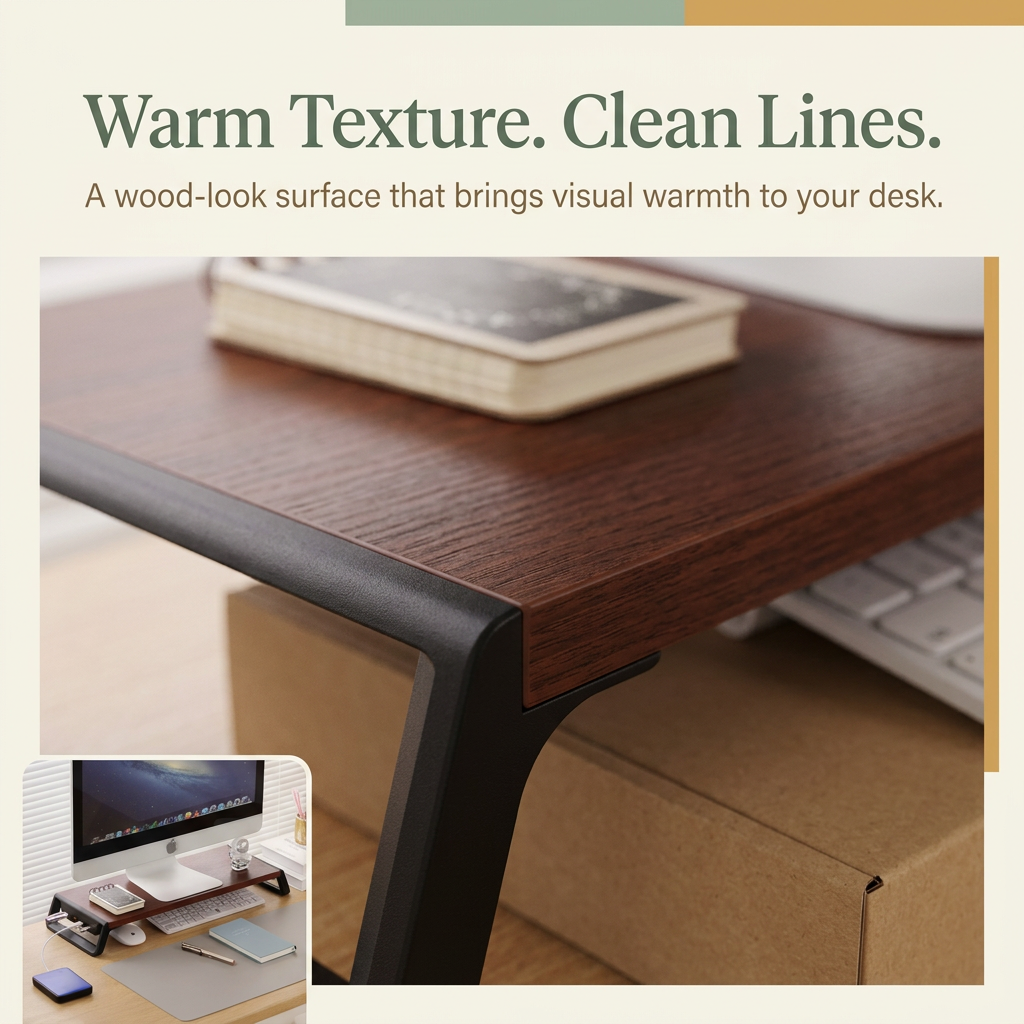 Close-up of the dark wood-grain tabletop