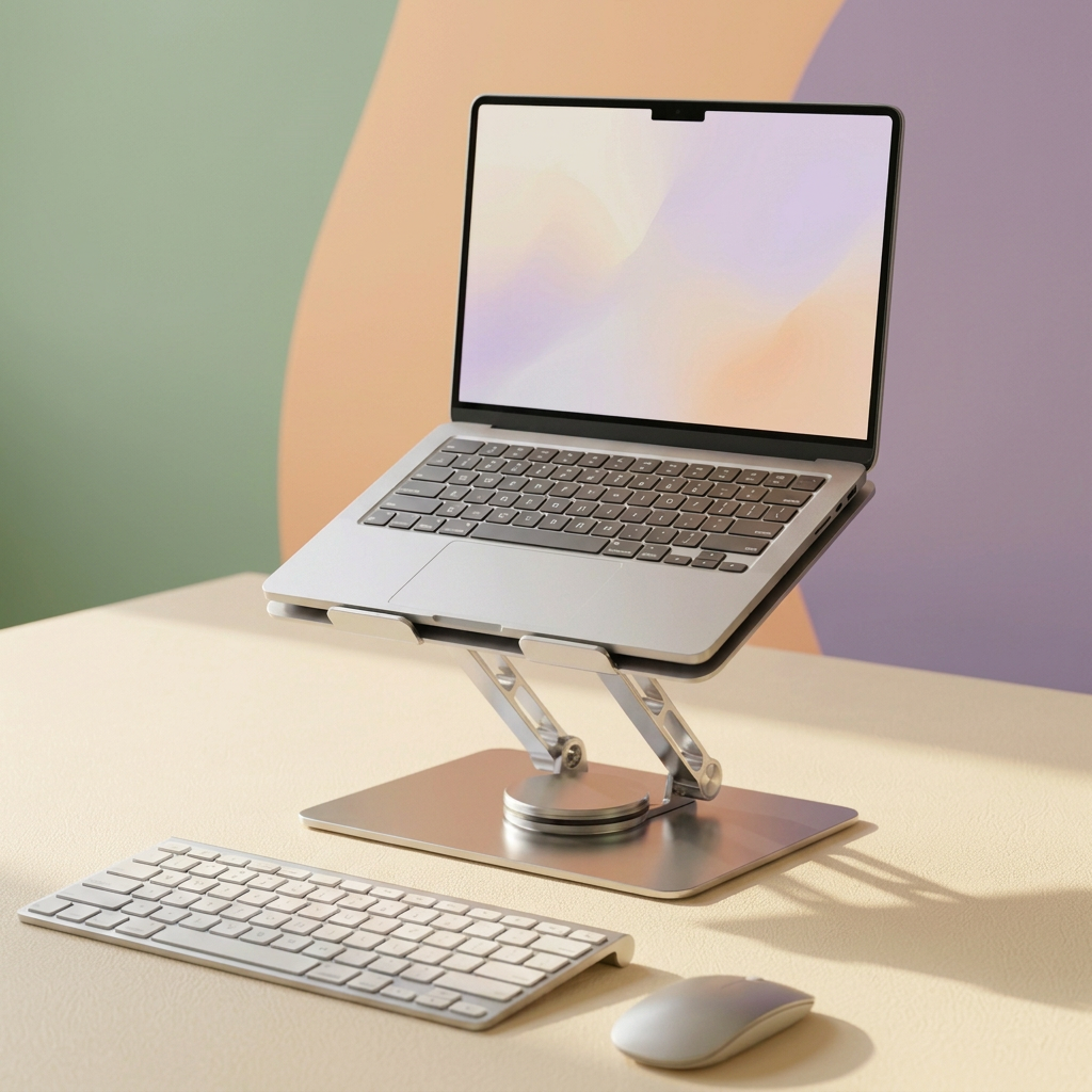 Silver stand supporting an open laptop with separate keyboard and mouse