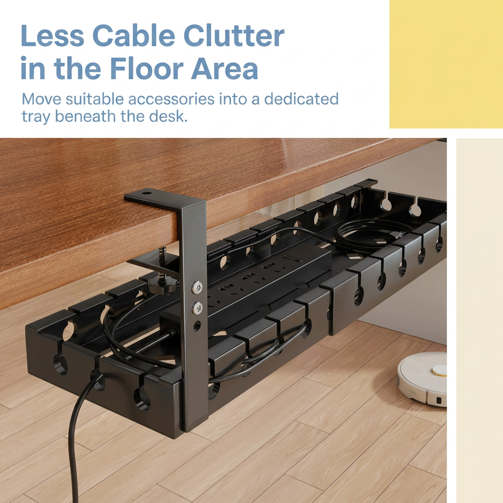Under-desk tray grouping suitable cables and accessories
