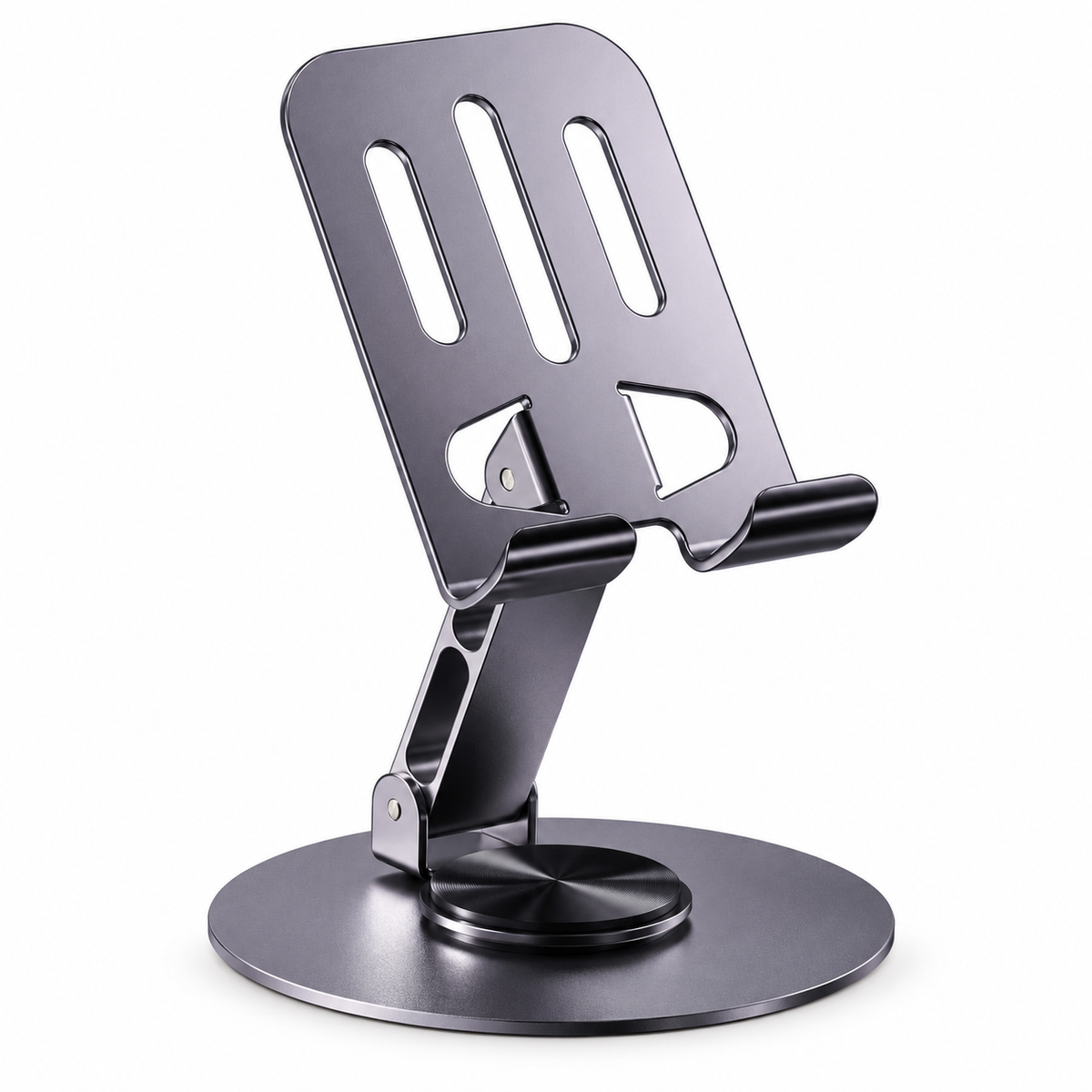 Graphite-tone desktop phone stand with three elongated backrest slots, twin curved lower supports, an articulated arm and a circular base.
