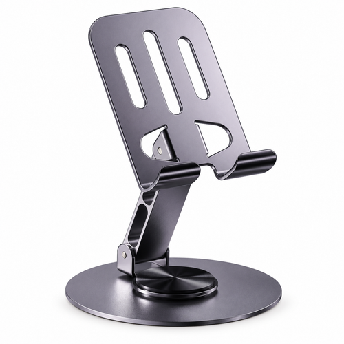 Graphite-tone desktop phone stand with three elongated backrest slots, twin curved lower supports, an articulated arm and a circular base.