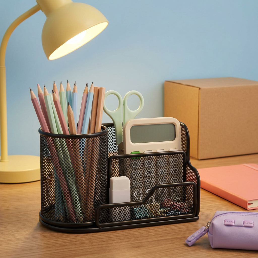 Pen organizer on a colorful study desk under a yellow task lamp