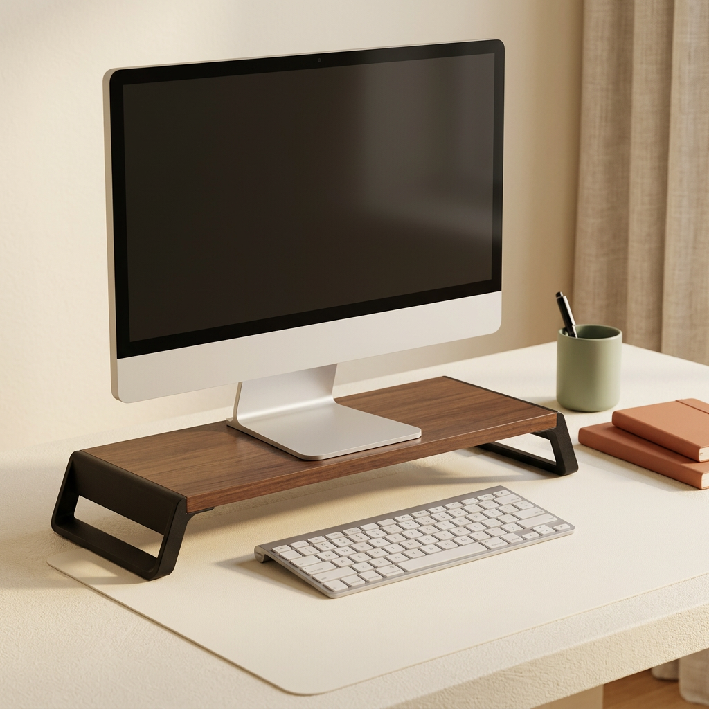 Wooden monitor riser styled on a cream desktop