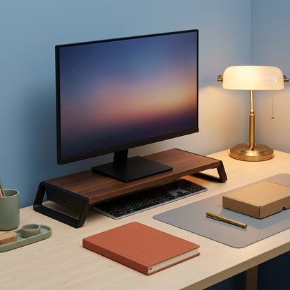 Monitor riser in a colorful evening creative workspace
