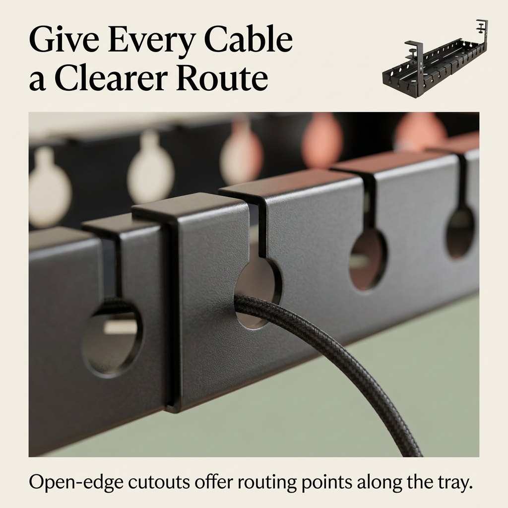 Close-up of open-edge cable routing cutouts along the tray