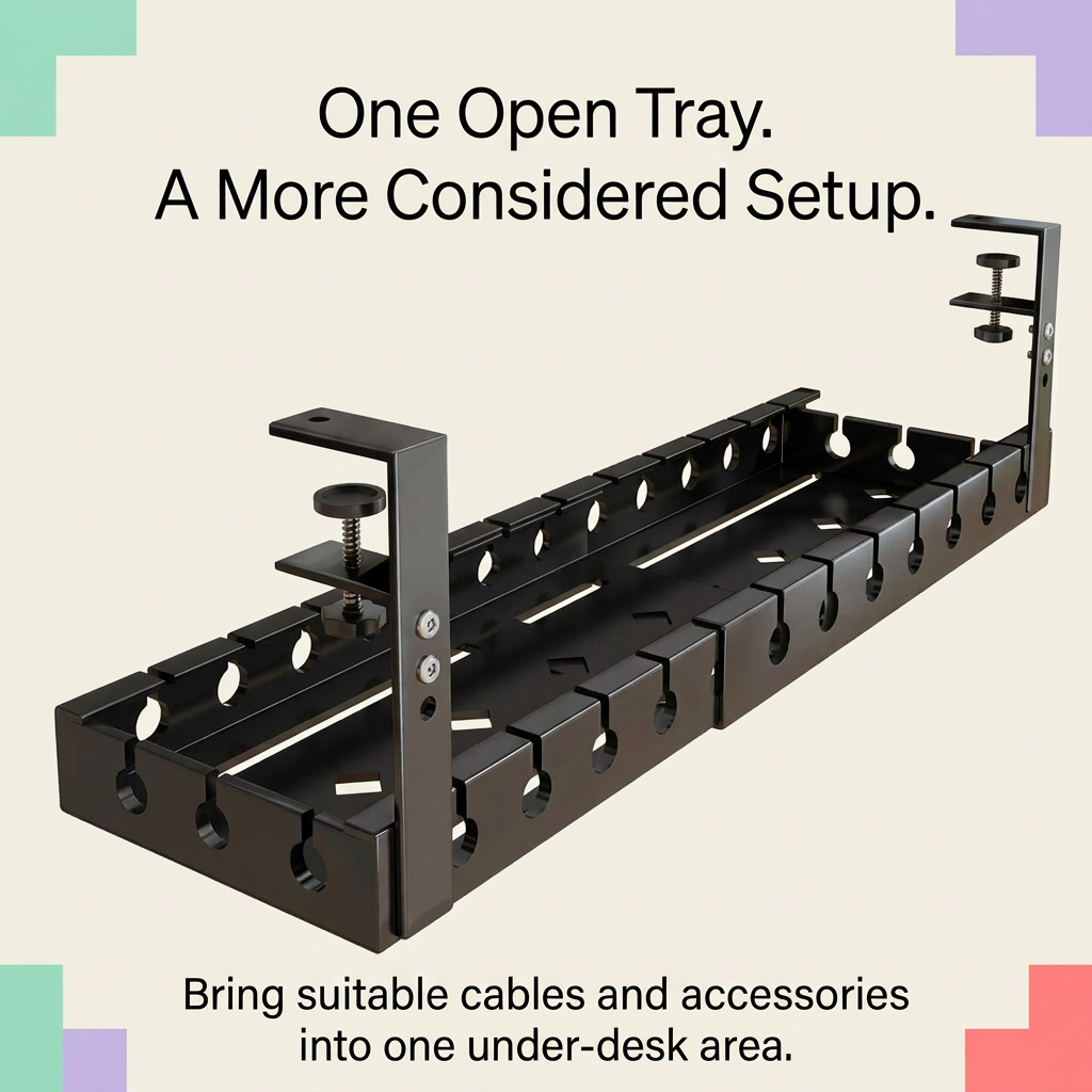 Single open cable tray with slotted base and two mounting clamps