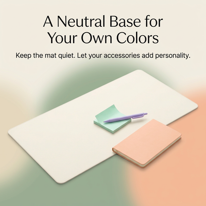 Cream mat styled with peach notebook mint notes and lavender pen