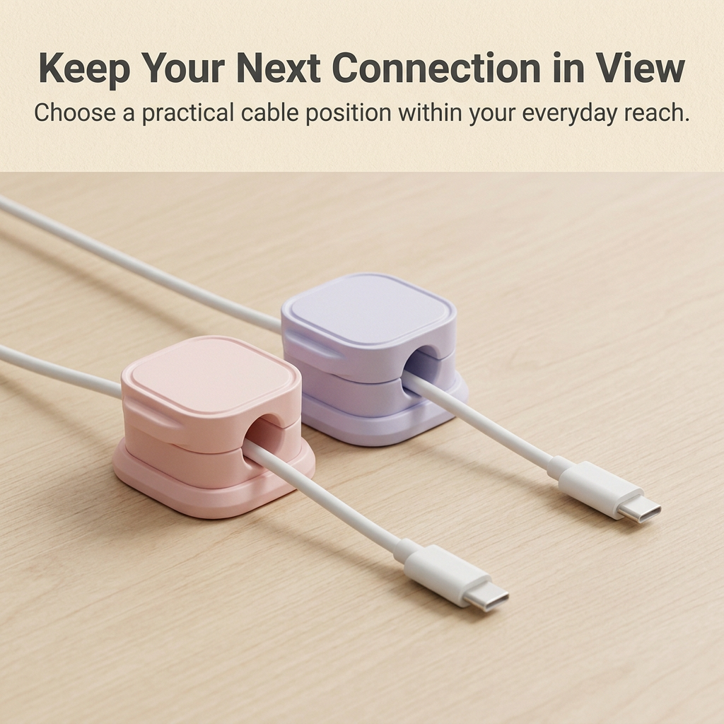 Blush and lavender cable clips with accessible connector ends