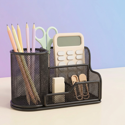 Black mesh organizer styled with pastel stationery