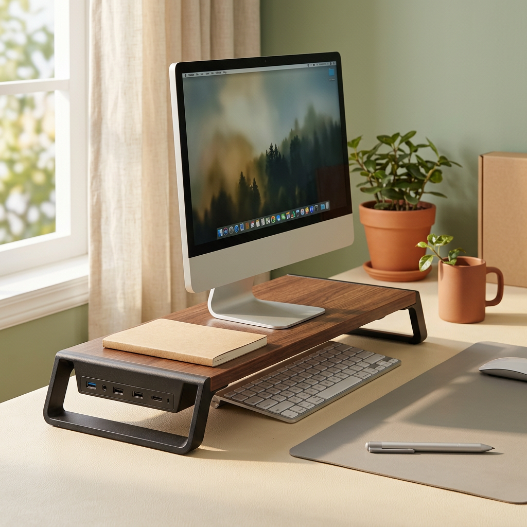 Monitor riser in a sunlit sage-toned home office