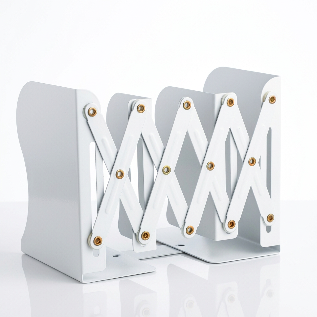 Draft white expandable book organizer on white background for comparison with the supplied reference