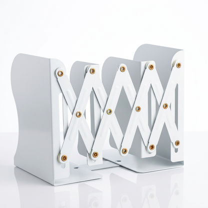 Draft white expandable book organizer on white background for comparison with the supplied reference