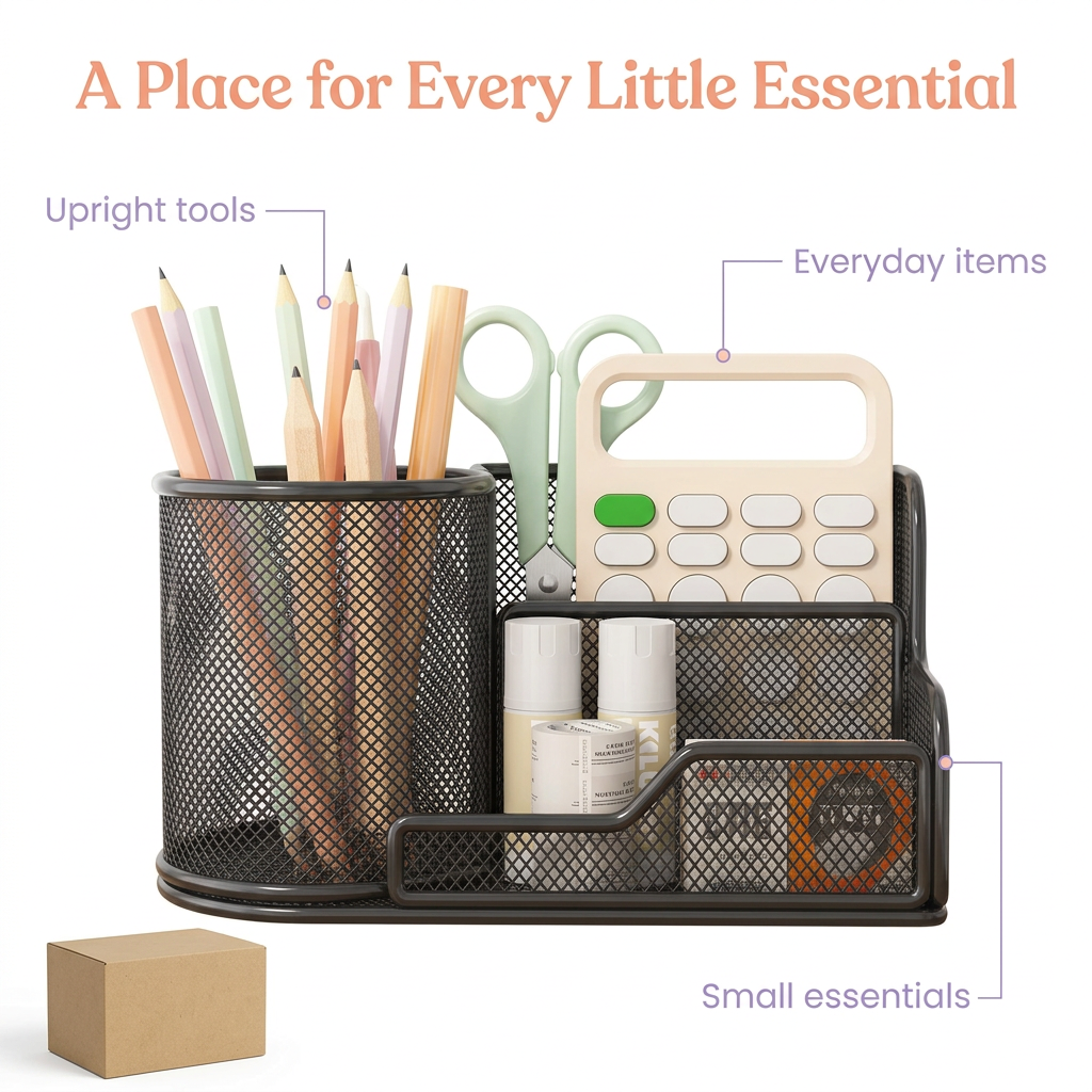 Desk organizer sections for upright tools and everyday essentials
