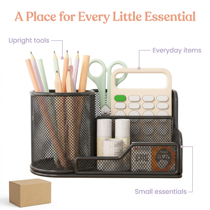 Desk organizer sections for upright tools and everyday essentials