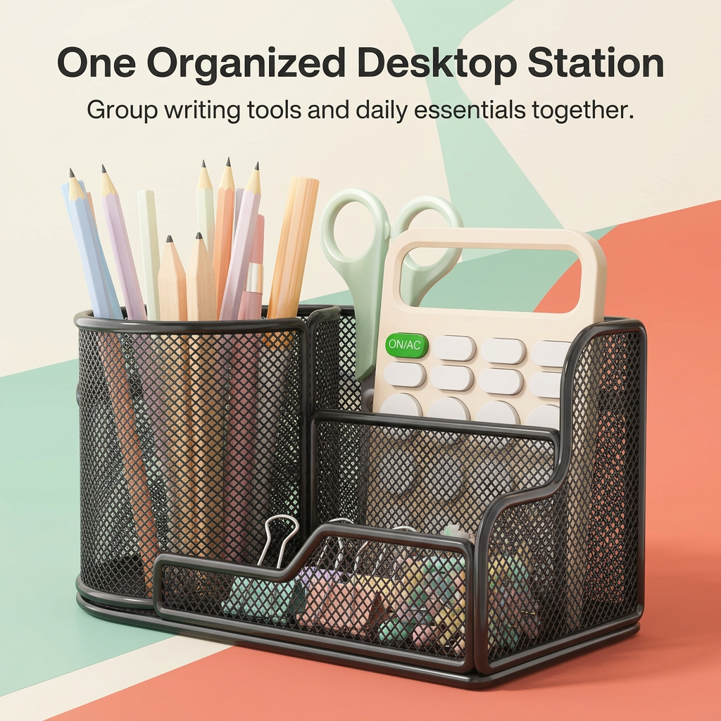 Black multi-section desktop organizer with pastel accessories