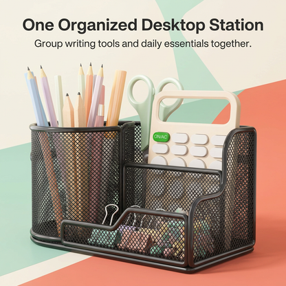 Black multi-section desktop organizer with pastel accessories