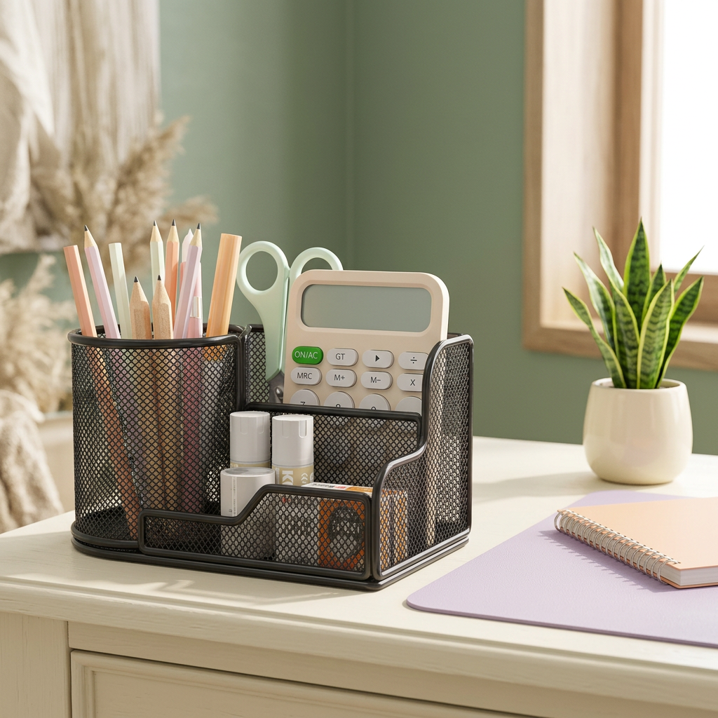 Pen organizer on a sunlit home office desk with sage and lavender accents