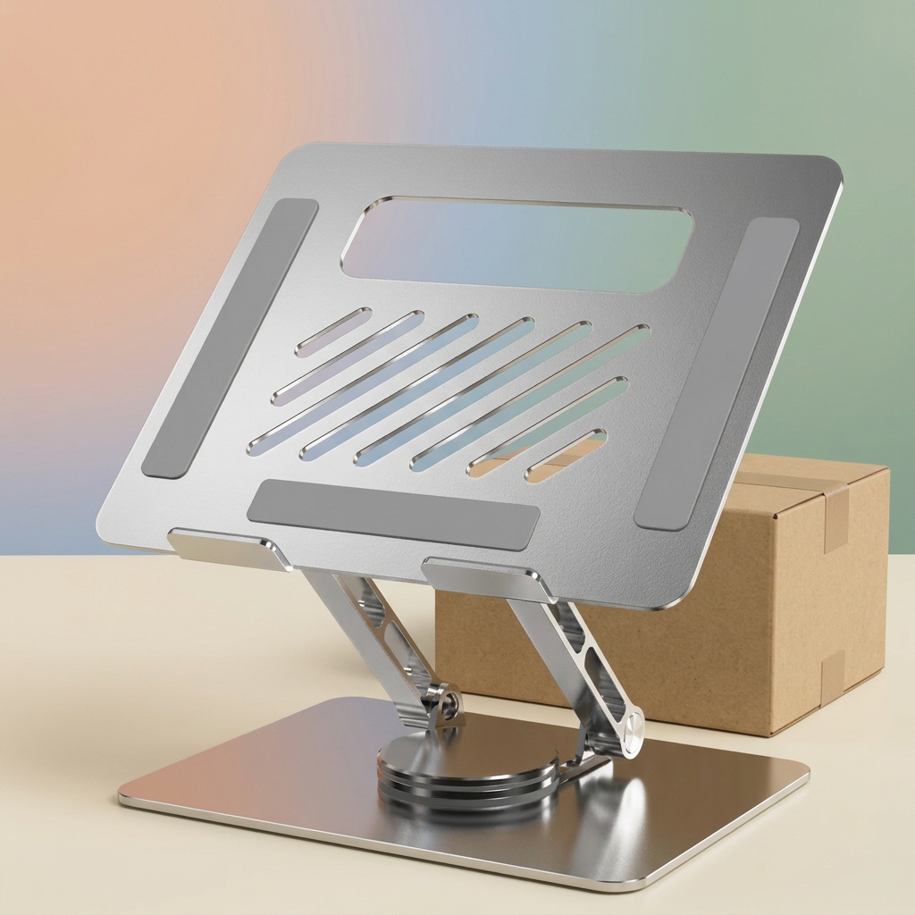 Silver laptop stand beside a plain unbranded kraft packaging concept
