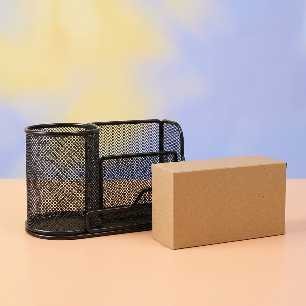 Black desktop organizer with unbranded kraft packaging concept