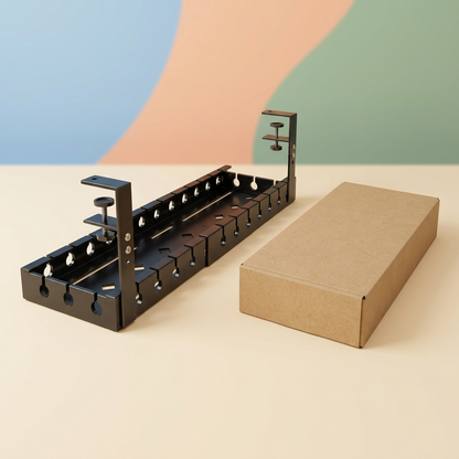 Cable management tray beside a plain unbranded kraft packaging concept
