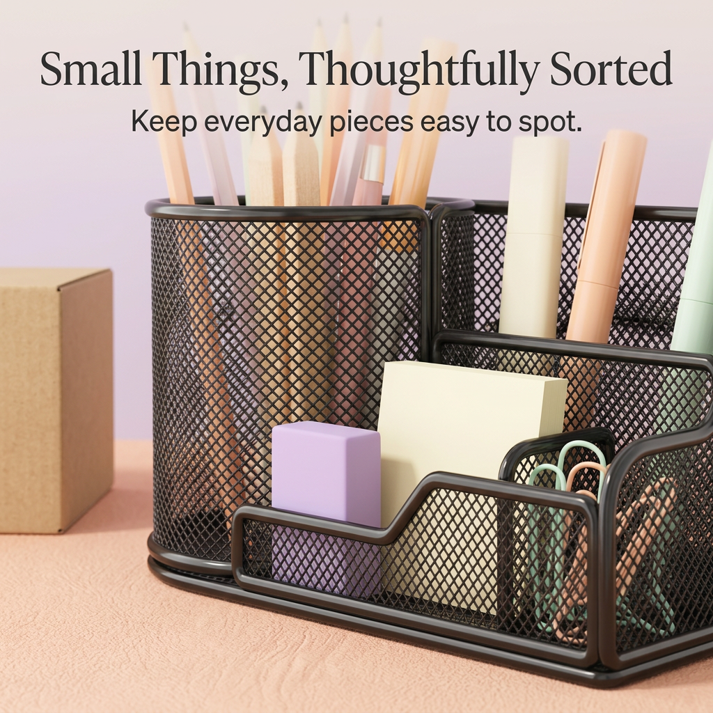 Stepped front pockets with small stationery items