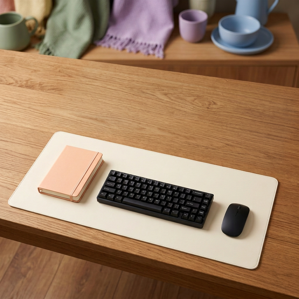 Cream desk mat with black keyboard mouse and peach notebook