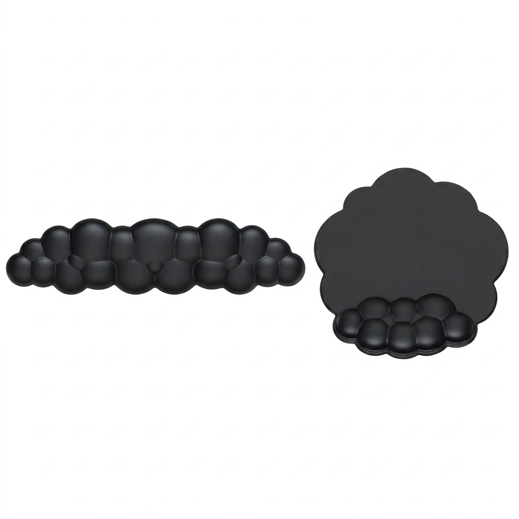 Black cloud keyboard wrist rest and flower mouse pad with front wrist section on white