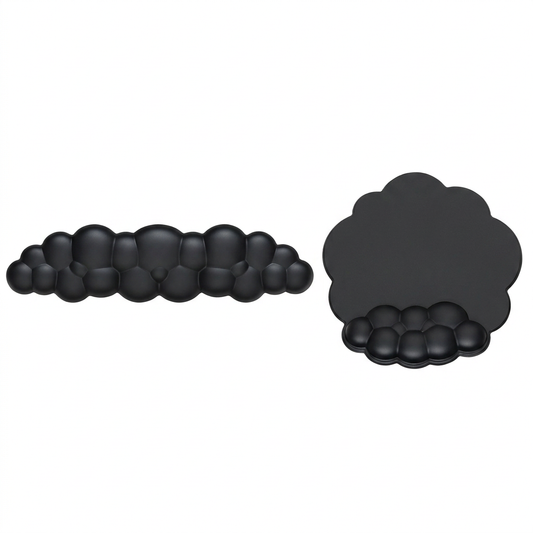 Black cloud keyboard wrist rest and flower mouse pad with front wrist section on white