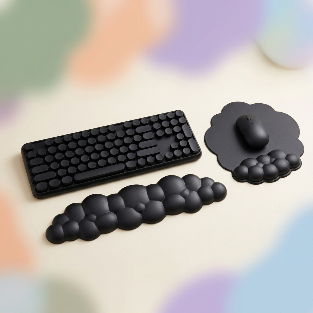 Two-piece black wrist rest set styled with a keyboard and mouse as props