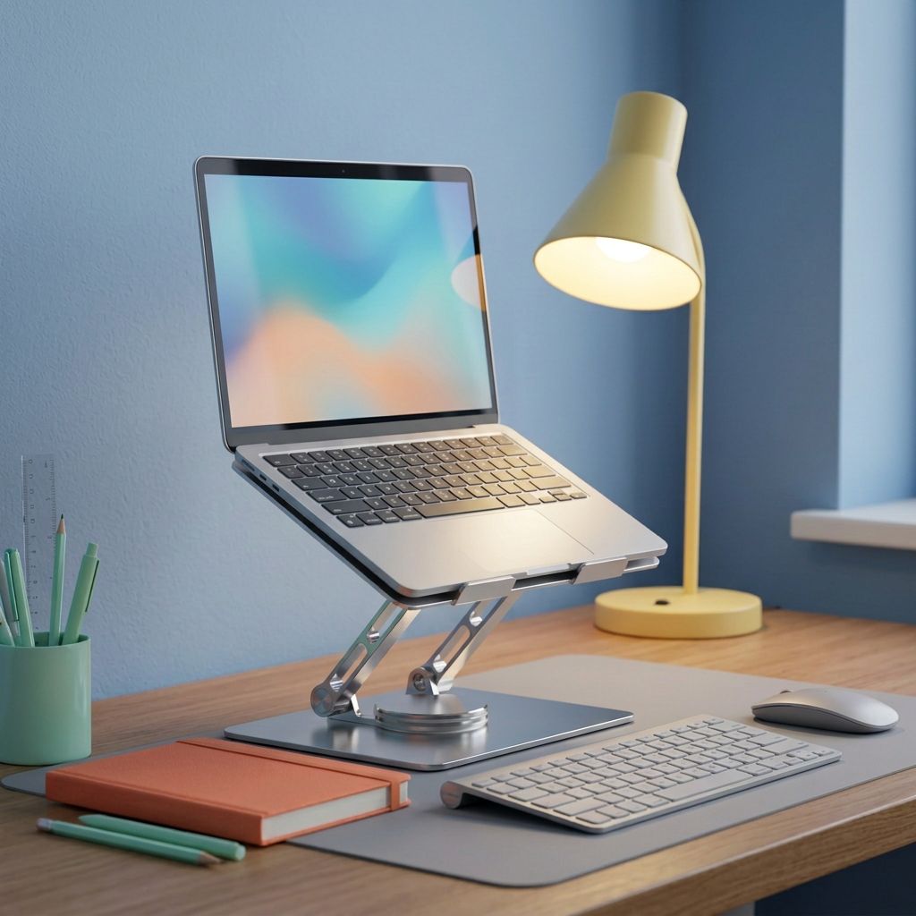 Open laptop on silver stand in an evening workspace with blue wall and yellow lamp